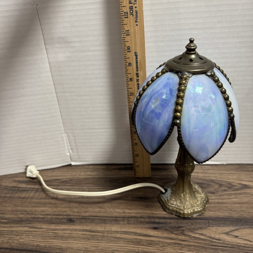 Vintage Meyda Tiffany Lighting 11.5" H Petal Bud Mini Lamp Blue Opal Brass - Picture 8 of 12